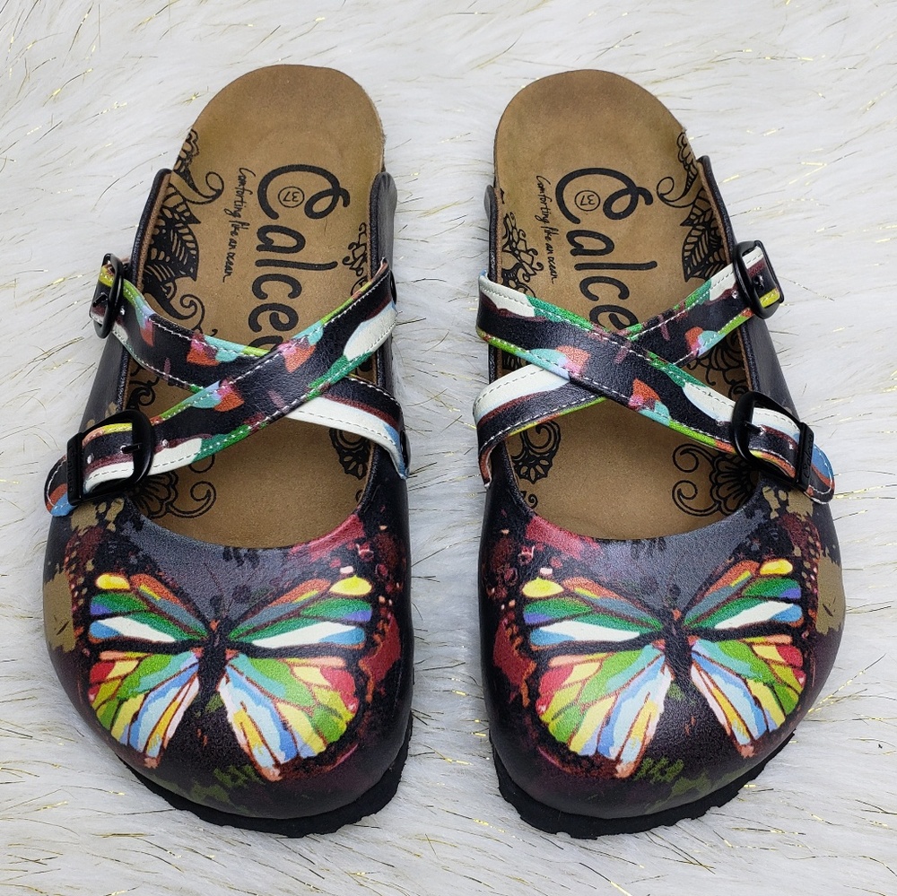 Calceo Charcoal Rainbow Butterfly Mule